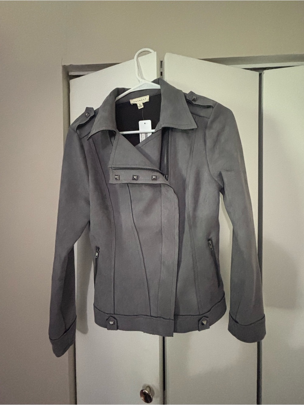 Womens Grey Suede Moto Jacket - promesa